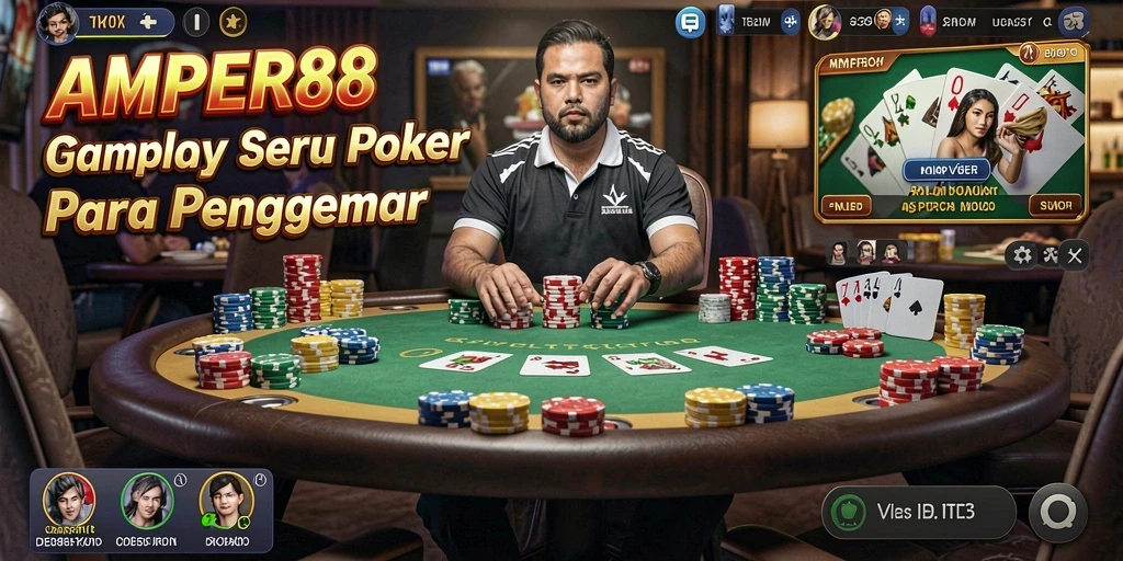 Tampilan gameplay poker seru di AMPER88 dengan banyak pemain aktif.