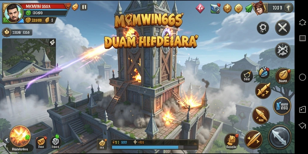 Screenshot gameplay MKWIN666 menampilkan aksi menara bertahan dari gelombang musuh.
