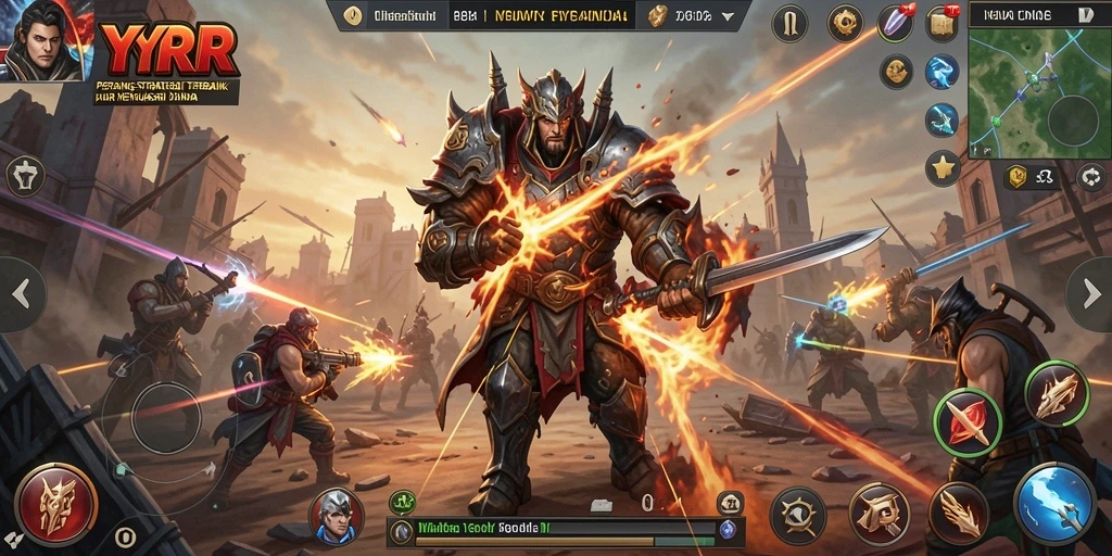 Screenshot menunjukkan pertempuran strategi yang intens di YYRR.